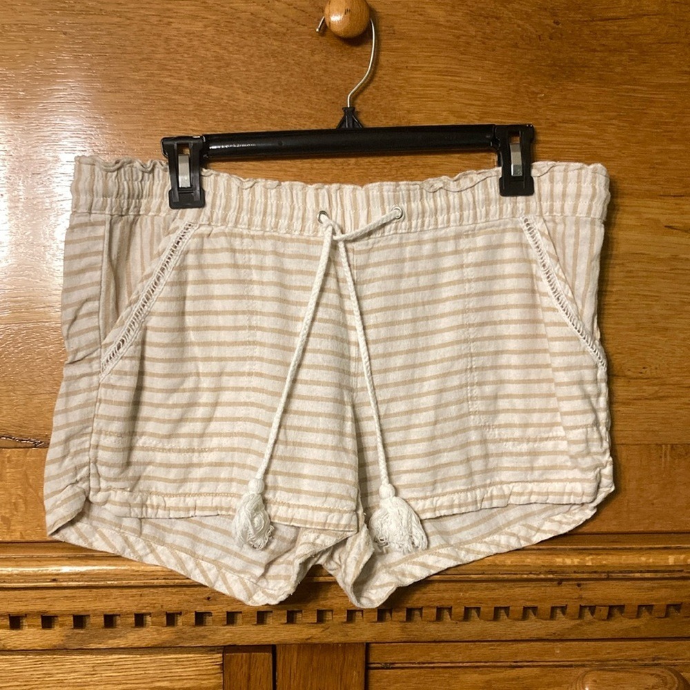 Jolt Coastal Chic Tan White Striped Linen Blend Tassel Drawstring Shorts Boho